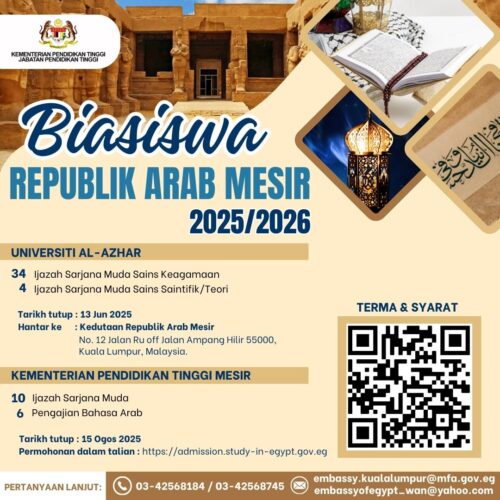 Permohonan Melanjutkan Pengajian ke Timur Tengah Sesi 2025/2026 dan Biasiswa Republik Arab Mesir